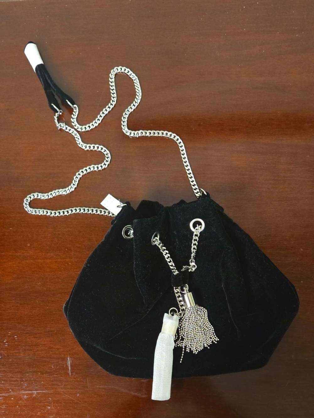 White House Black Market Black Velvet Drawstring Mini Bag with Silver Chain